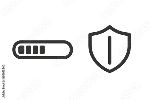 Progress bar and shield linear icon set for interface design, digital security, loading status, software application, user interaction, protection symbol, vector cartoon illustration