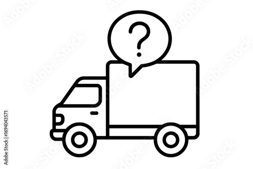 Delivery truck with question mark icon, inquiry symbol on vehicle for websites, apps, cards, and books, thin line vector cartoon illustration with transparent background, order set