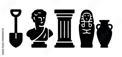 Archaeology icons: shovel, bust, column, sarcophagus, amphora