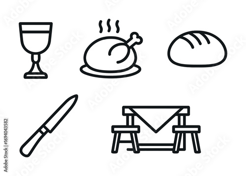 Minimalist icons of wine, roast chicken, bread, knife, and picnic table
