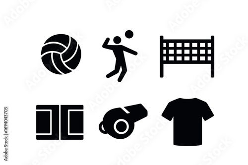 Volleyball icon set with player, ball, net, court, whistle, and shirt