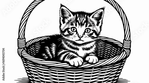 Cute kitten resting in a wicker basket with playful expression  