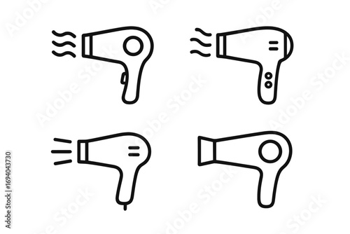 Set of minimalistic line icons of hair dryers, linear pictograms for web, graphic design, apps, banners, social networks, cards, vector cartoon illustration, beauty tools collection