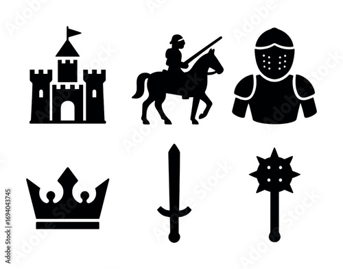 Medieval symbols: castle, knight, armor, crown, sword, mace silhouettes