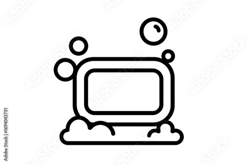 Bar of soap with foam and bubbles outline icon. Concept for cleanliness, hygiene, shower, and skincare. Isolated vector graphic symbol for sanitation and personal body care.