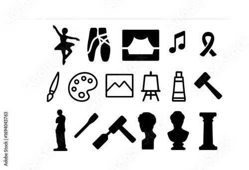Artistic icons: dance, music, painting, sculpture, and tools in black silhouette collection