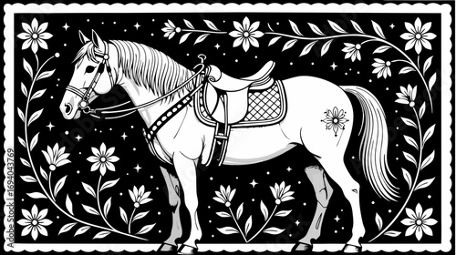 White horse standing with saddle surrounded by floral designs  