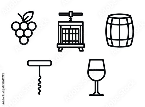 Wine production icons set: grapes, winepress, barrel, corkscrew, and glass