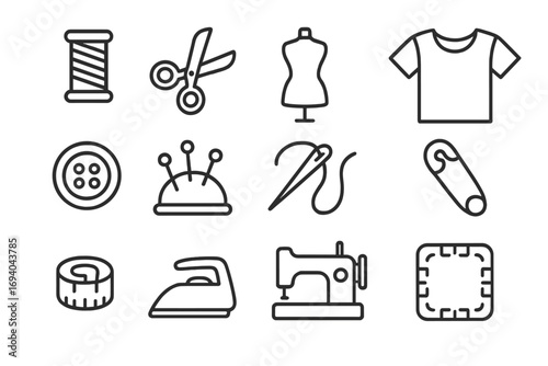 Sewing and garment vector icons set, outline style sewing tools and clothing symbols for design, cards, apps, social networks, tailor supplies, fashion illustration, transparent background