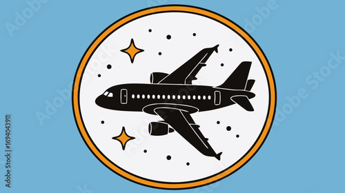 Airplane illustration flying through stars on a blue background  