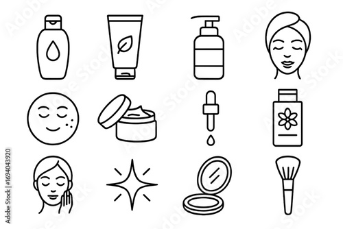 Minimalistic skin care and beauty line icon set with shampoo, gel, cream, serum, makeup brush, face care, cosmetic and wellness symbols for web, apps, and graphic design