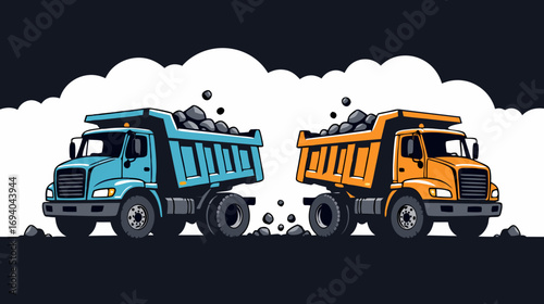 Two colorful dump trucks transporting rocks in a construction scene  