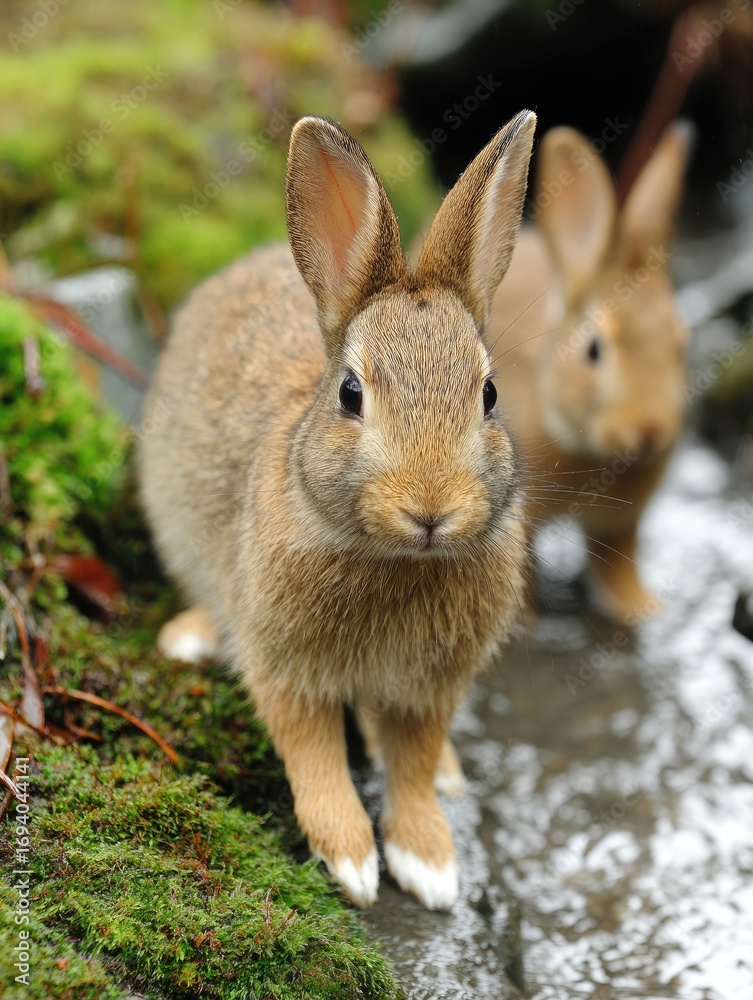 Fototapeta premium Two rabbits stand alert in a mossy, rocky stream bed, their soft brown fur blending seamlessly with the natural surroundings.