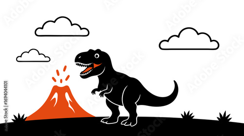 Cartoon dinosaur standing near erupting volcano with clouds
