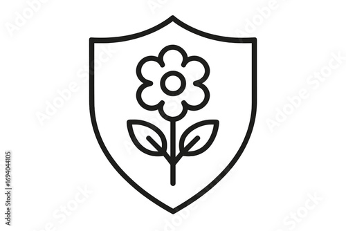 Nature protection icon. Flower in a shield symbol. Metaphor for environmental safety, security, conservation, and ecology. Organic growth line art logo. Vector illustration.
