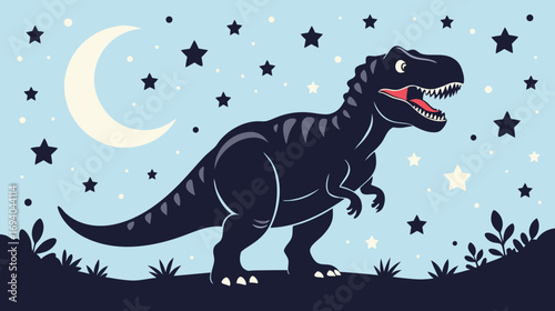 Cartoon dinosaur standing under stars and moonlit sky  
