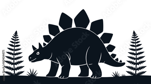 Stegosaurus dinosaur silhouette walking among ferns in a prehistoric landscape  