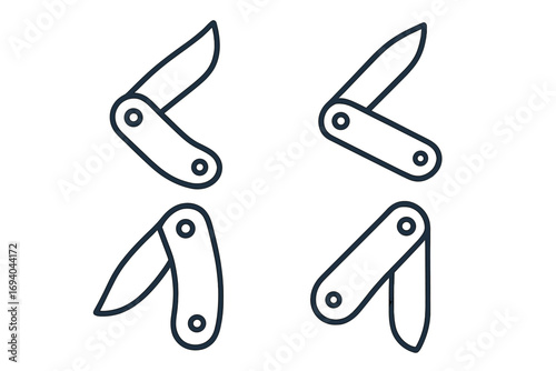Set of folding knife line icons. Pocketknife vector collection. Jackknife, penknife outline symbol. Sharp blade for camping, survival, or everyday carry (EDC) tool.