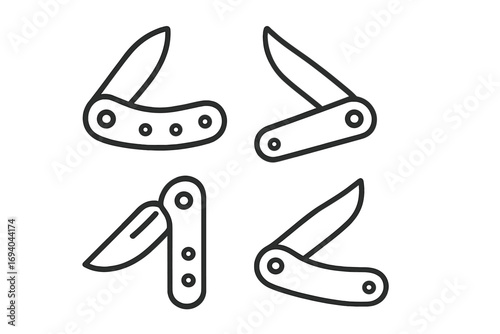 Folding knife and pocketknife outline icon set. Simple vector illustration for logo, app, and web design. Concept for camping, survival, outdoor gear, and utility tool.