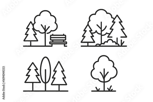 Park, forest, trees outline icon set. Simple linear vector collection for nature, ecology concepts. Outdoor landscape, woods, plants, bench symbol for web design. Editable stroke.