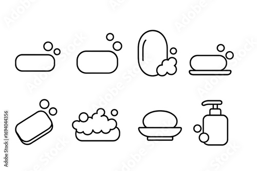 Minimalistic Skin Care Outline Icons Collection with Soap Bar, Bubbles, Foam, and Liquid Dispenser. Linear Vector Pictograms for Beauty, Hygiene, Web Design, Apps, and Social Media Graphics