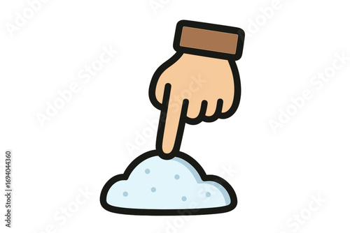 Finger touching a pile of white powder. Concept for drug testing, cocaine, substance abuse, addiction. Metaphor for quality check, temptation. Vector cartoon icon symbol.