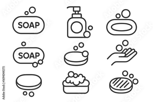 Minimalistic Skin Care Outline Icons Collection, Linear Soap Bar and Liquid Dispenser Pictograms with Bubbles for Web Design, Apps, Banners, Social Media, and Graphic Projects Vector
