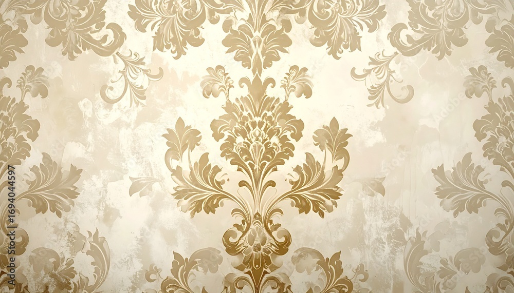 Obraz premium Classic damask wallpaper featuring a striking vintage decorative design in beige and gold.