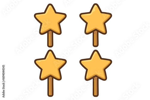 Star-shaped magic wand vector isolated illustration, cartoon yellow star on wooden stick, whimsical fairy tale wand set, fantasy object for apps, books, web, and cards design