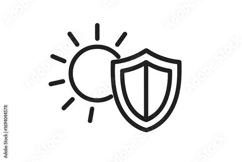 Sun and Shield Line Icon, Protection Symbol with Sun Rays, Security and Safety Concept Vector, Minimalist Black Outline Graphic for Websites, Cards, Books, Articles