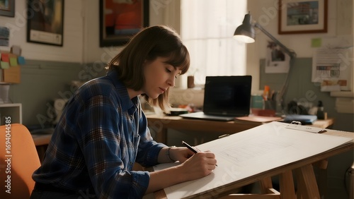 A person is drawing on a large sheet of paper at a desk in a well-lit room.