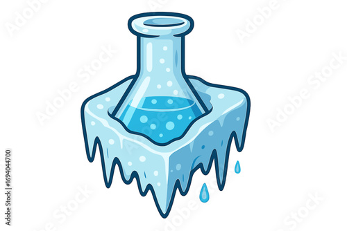 Symbol of frost resistance concept, cold protection icon, icy blue vial inside melting ice cube, freezing effect illustration for apps and graphics, vector cartoon design, transparent background