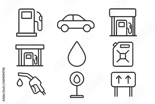 Gas station line icon set. Petrol pump, car, and fuel can symbols. Vector pictogram collection for refueling, gasoline, and automotive themes. Editable stroke outline icons.