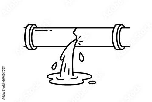 Broken water pipe leak symbol, cracked pipe with flowing water, plumbing damage concept, vector cartoon illustration for repair apps, plumbing services, water loss icon, transparent background