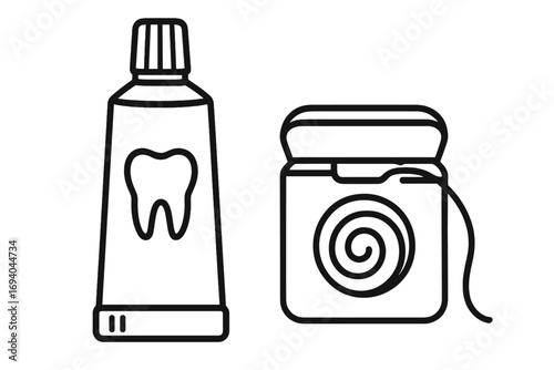 Dental floss and toothpaste tube vector illustration with tooth symbol, oral hygiene essentials, dental care products, dental health concept, clean teeth graphic, oral care tools set
