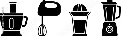 Collection of kitchen appliances for food preparation and blending