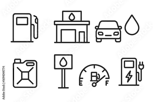 Gas station line icon set. Fuel, petrol pump, car, canister, gauge and EV electric charging station symbols. Minimal vector pictograms with editable stroke for web design.