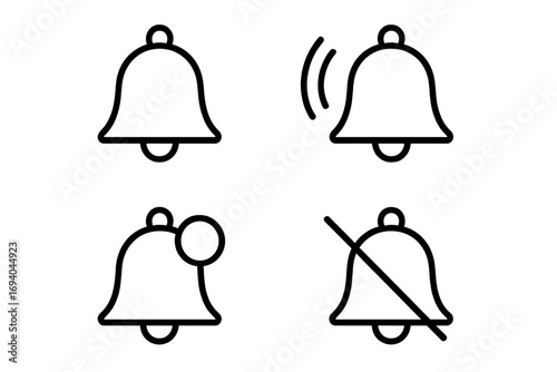 Notification bell line icon set. Ringing, silent, new message, and alert symbols for web and app user interface. Vector outline illustration with editable stroke for UI UX.