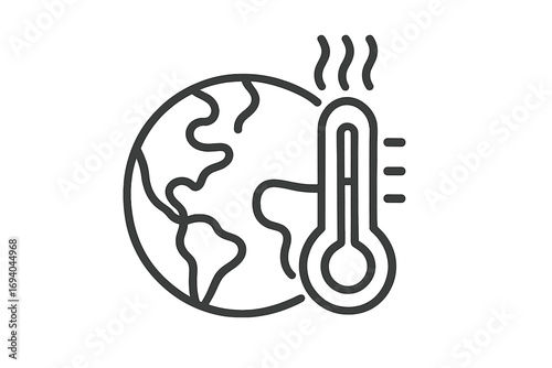 Minimalistic Earth Globe with Thermometer Icon, Global Warming and Climate Change Concept, Outline Vector Illustration for Web, Apps, Social Media, Banners, and Graphic Design