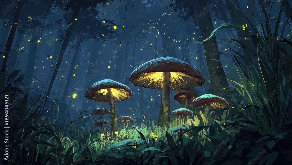 Fototapeta premium Mystical forest at night with glowing mushrooms