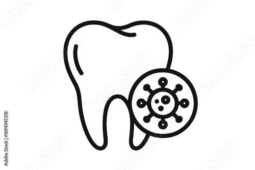 Virus on tooth icon, modern outline style vector design, dental infection symbol, germ illustration for cards, apps, social media, healthcare and dental hygiene concepts