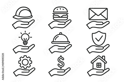 Helmet, food, mail, light bulb, service, safety, gear, money, and home hand icons bundle. Outline vector symbols for graphic design, apps, advertising, and business concepts, transparent background.