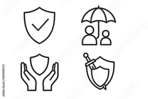 Insurance and protection icon set with shield, checkmark, family under umbrella, hands holding shield, sword and shield defense symbols, outline vector collection for design and apps