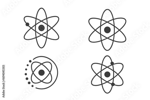 Isolated atom vector icons set, atomic orbit line symbols for science, physics, education, technology, editable stroke graphics for websites, books, cards, apps, cartoon style