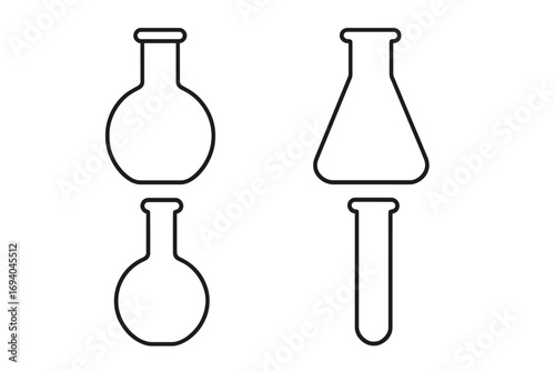 Laboratory bulbs outline collection, simple linear chemistry flasks, editable stroke vector set, science equipment icons for web, books, cards, apps, transparent design