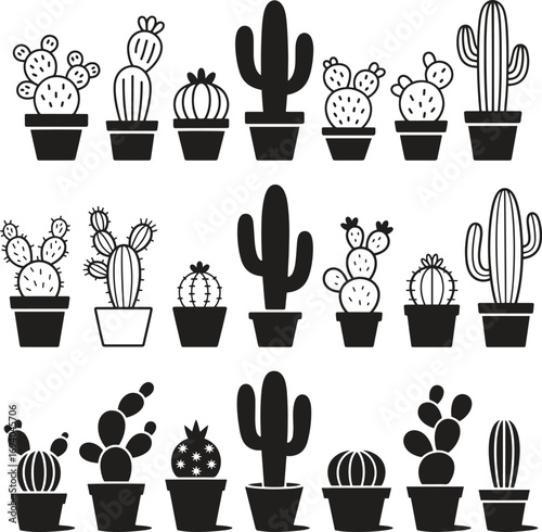 Cactus Silhouette Vector Set – Potted Succulent Plants, Black and White Clipart Illustration