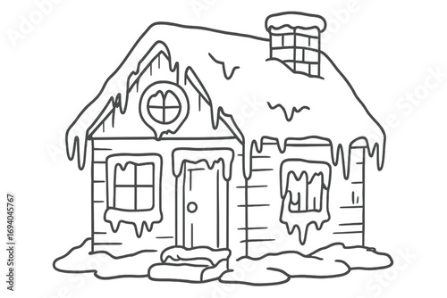 Winter cottage house covered with icicles and snow, cozy snowy cabin illustration, cold weather home with frosted windows and snow-covered roof, winter season vector line art