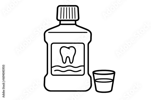Vector line art of mouthwash bottle with cup, dental hygiene concept illustration, oral care antiseptic rinse, black and white clean design, transparent background for apps and graphics