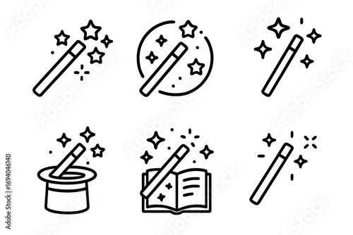 Magic wand icon set with stars, sparkles, and magic effects, editable stroke vector collection for websites, books, cards, apps, cartoon illustrations, transparent background