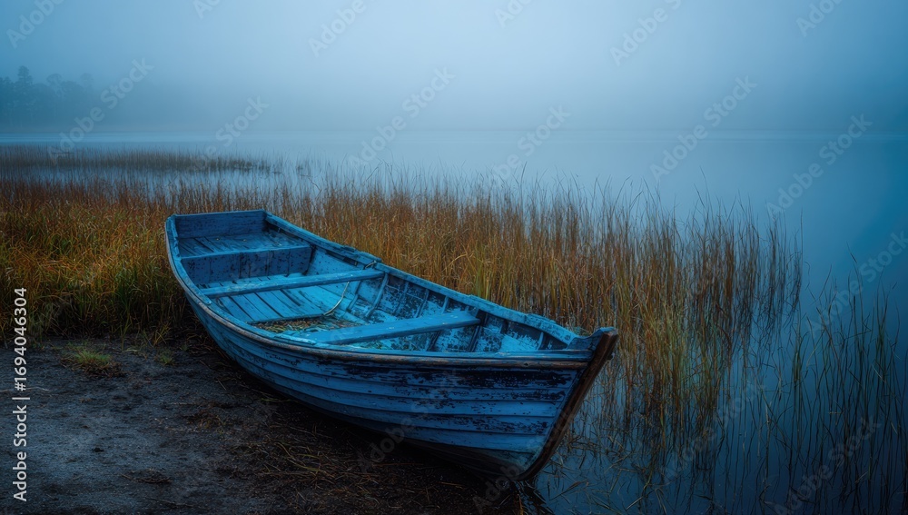 Obraz premium Misty lake scene with a vintage blue boat